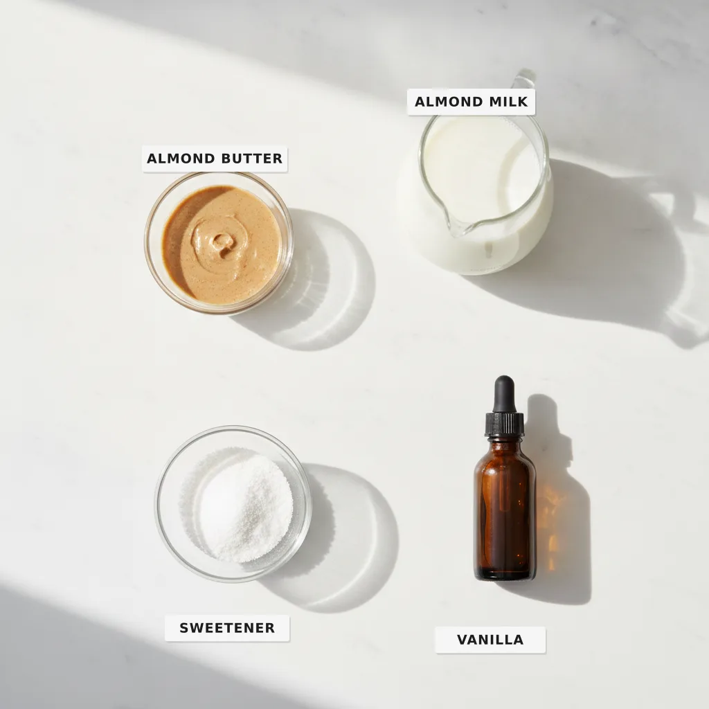 All four ingredients for a keto almond butter smoothie laid out and labelled on a marble surface — almond butter, almond milk, sweetener and vanilla