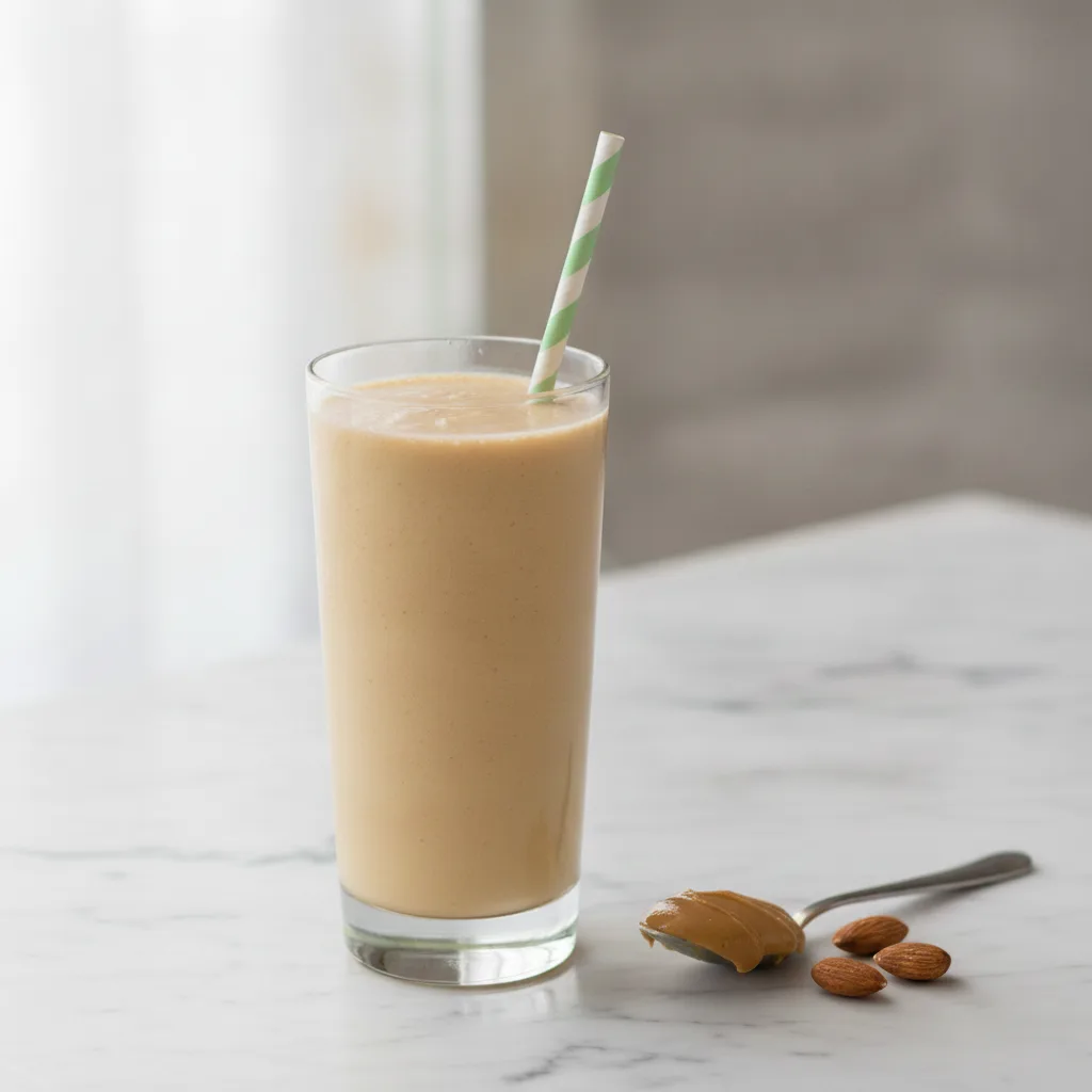 A creamy tan almond butter smoothie in a tall glass beside a spoon and whole almonds on a marble surface