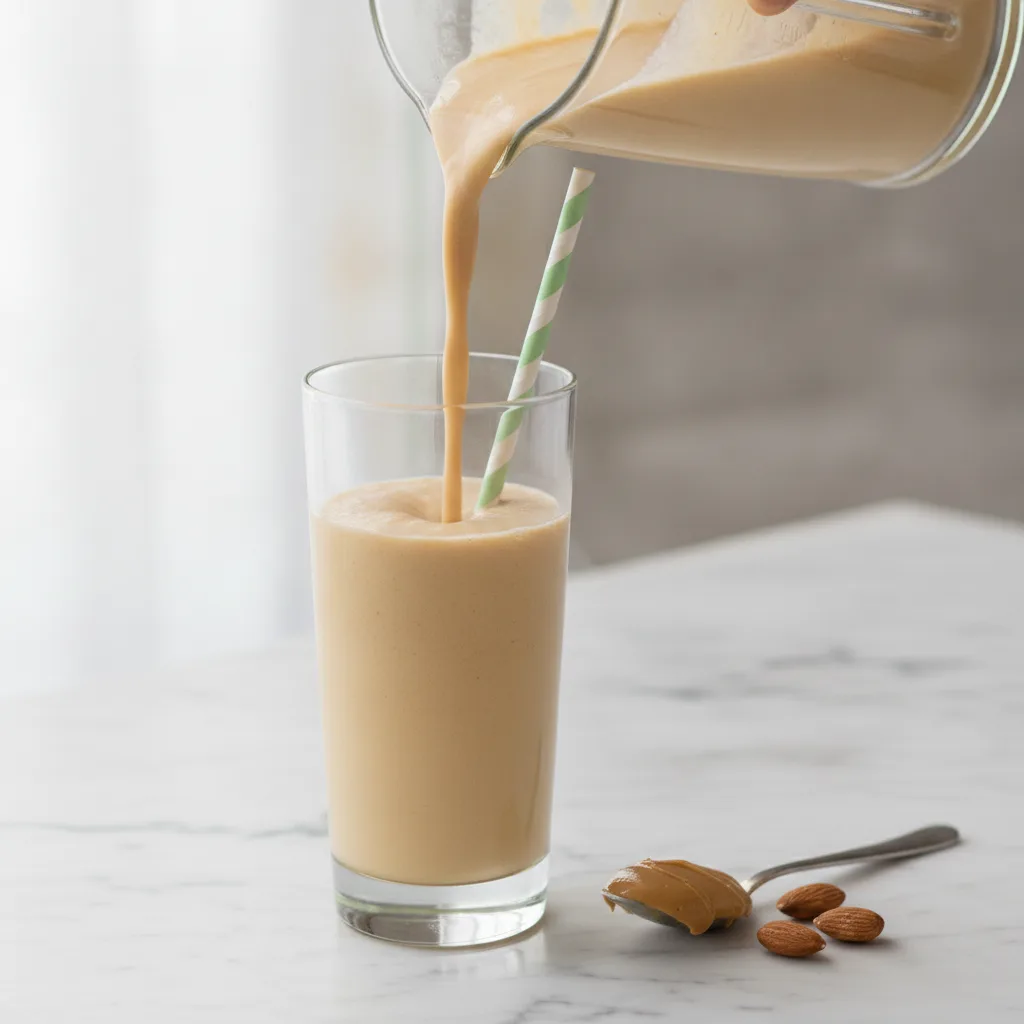 Creamy tan almond butter smoothie being poured from a blender jug into a tall glass on a marble surface
