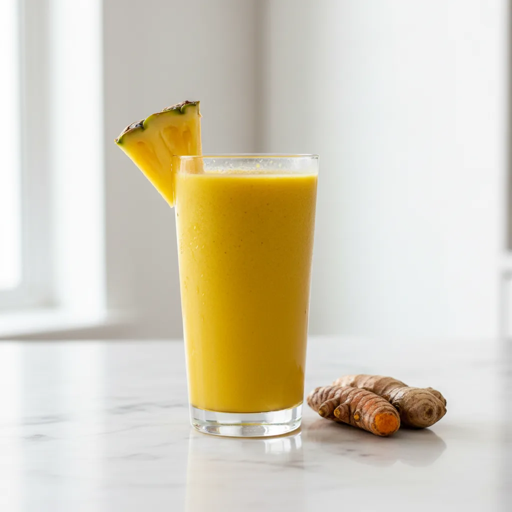 A tall glass of bright golden anti-inflammatory turmeric and pineapple smoothie