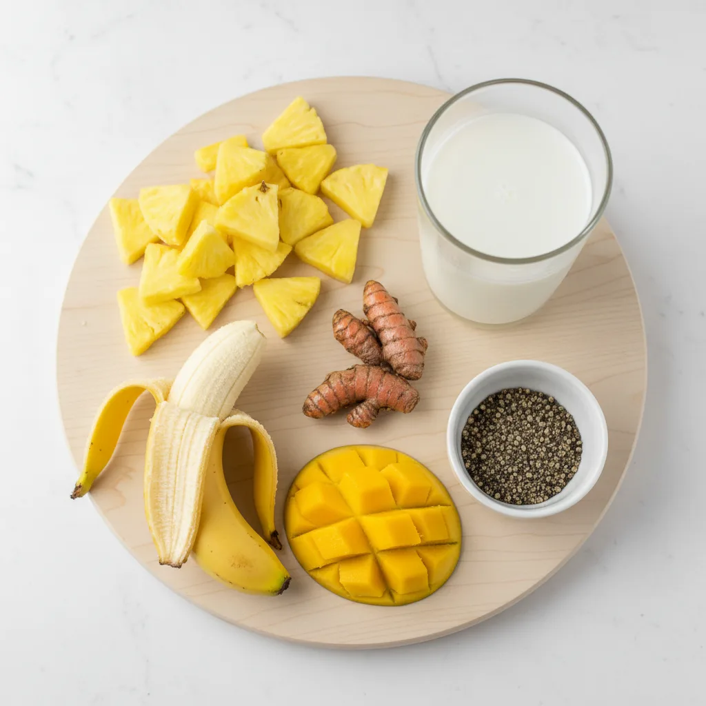 Anti-inflammatory smoothie ingredients — pineapple, mango, banana, fresh turmeric, ginger, black pepper and coconut milk