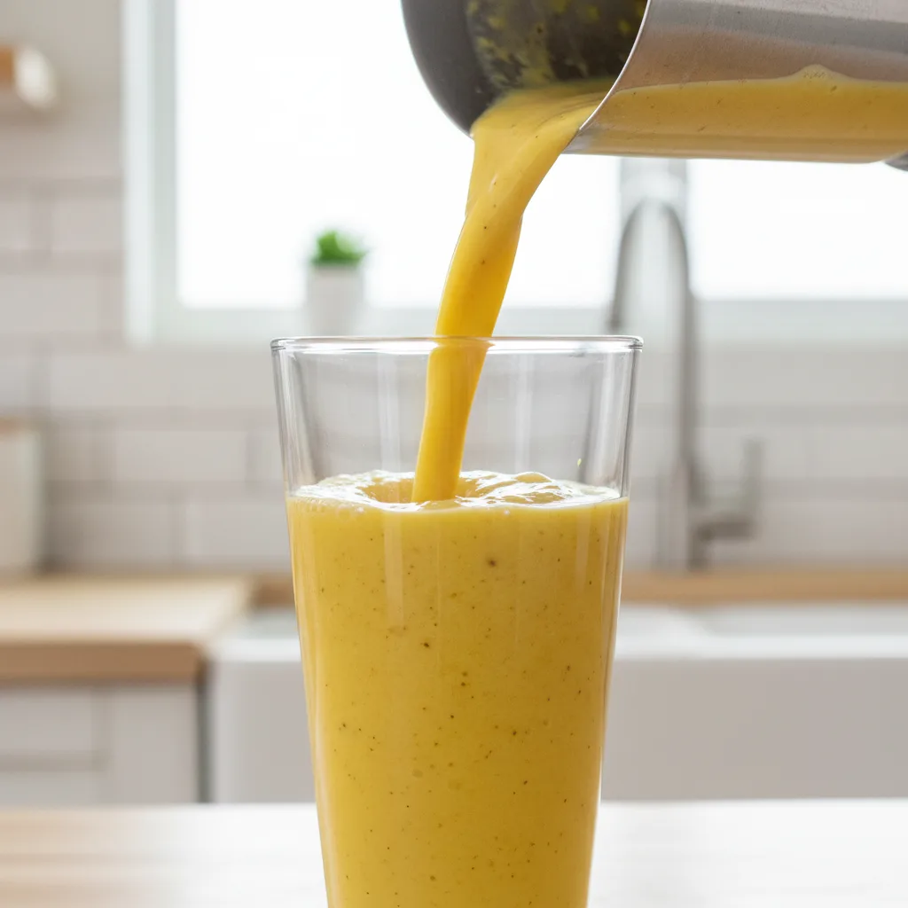 Bright golden anti-inflammatory smoothie being poured from a blender into a glass