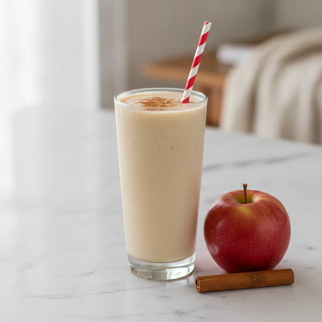 A tall glass of thick, creamy apple cinnamon smoothie dusted with cinnamon