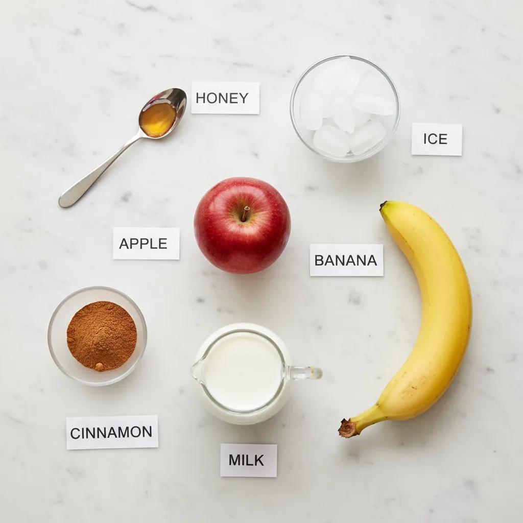 Apple cinnamon smoothie ingredients laid out and labelled — apple, banana, milk, cinnamon, honey and ice, no yogurt