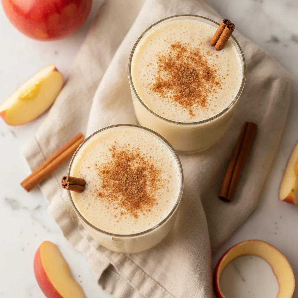 Two glasses of creamy apple cinnamon smoothie dusted with cinnamon