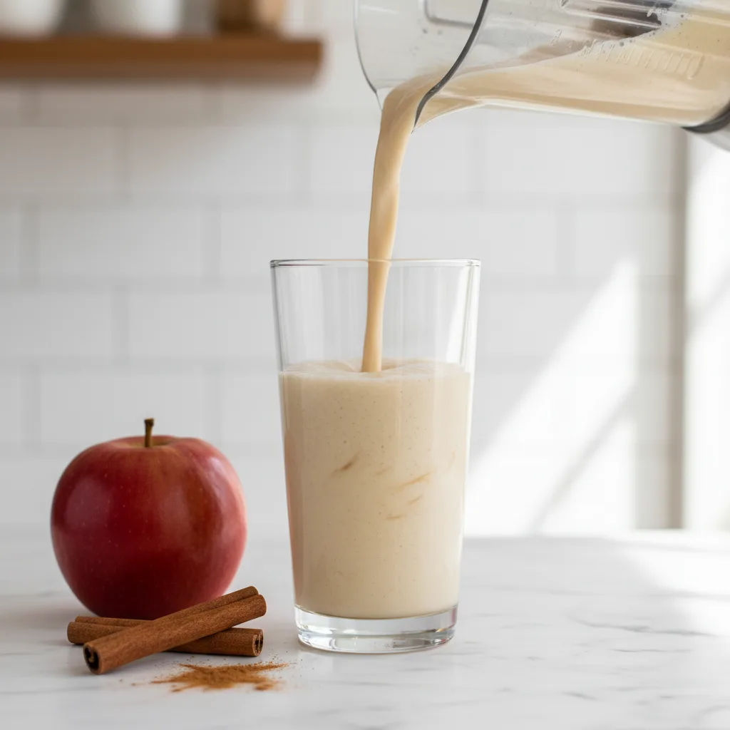 Thick creamy apple cinnamon smoothie being poured from a blender into a tall glass