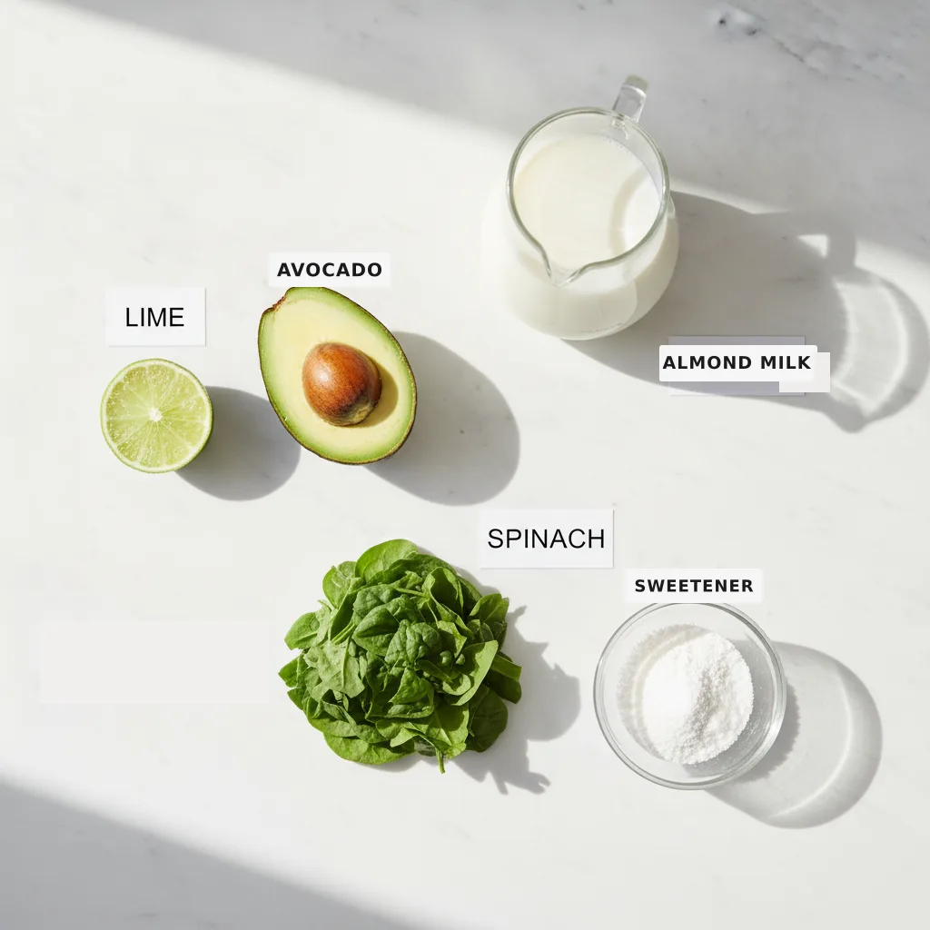 All the ingredients for a keto avocado smoothie laid out and labelled on a marble surface — avocado, almond milk, spinach, lime and keto sweetener