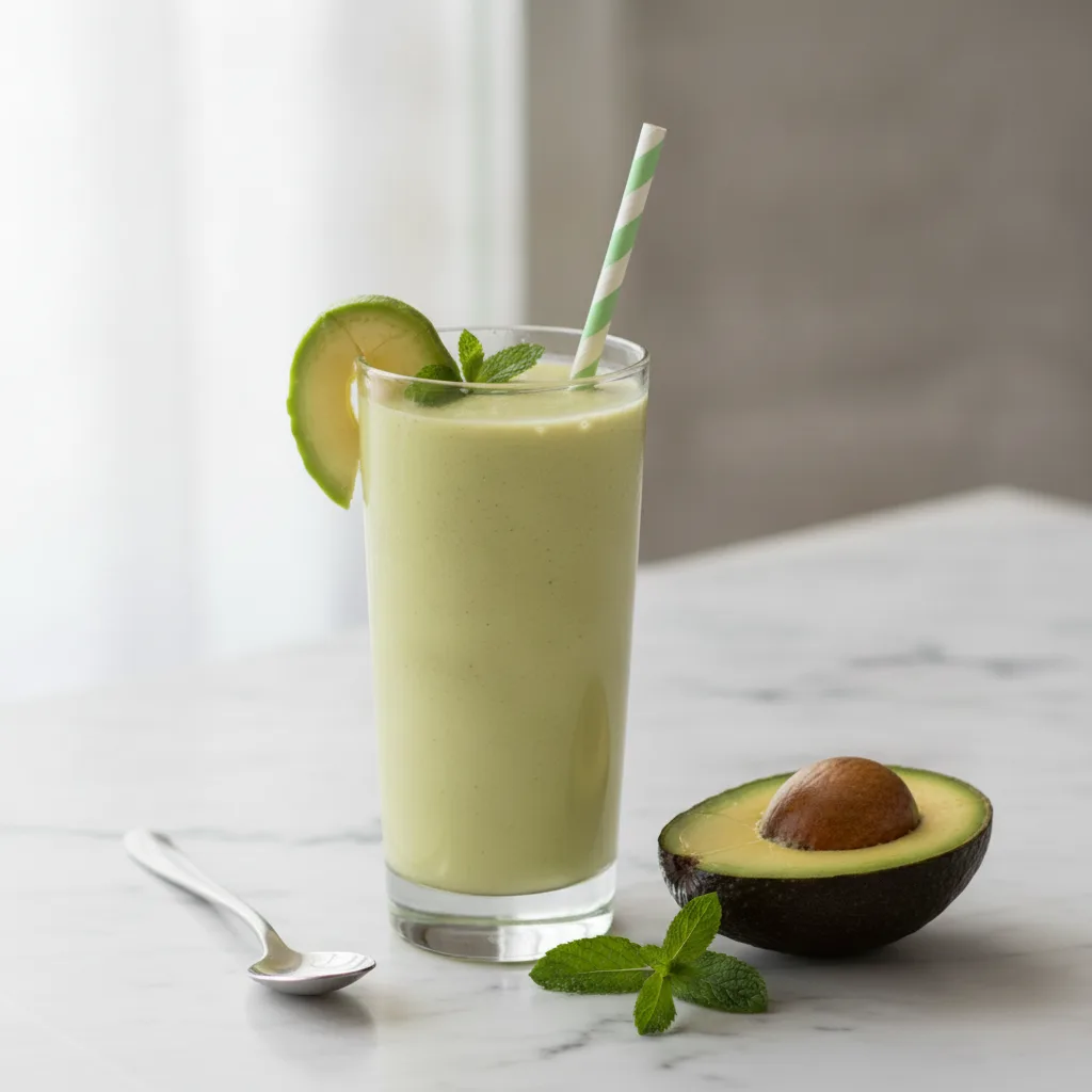 A creamy avocado smoothie in a tall glass beside a spoon and a halved avocado on a marble surface
