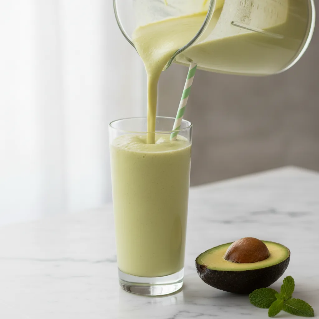 Creamy pale-green avocado smoothie being poured from a blender jug into a tall glass on a marble surface