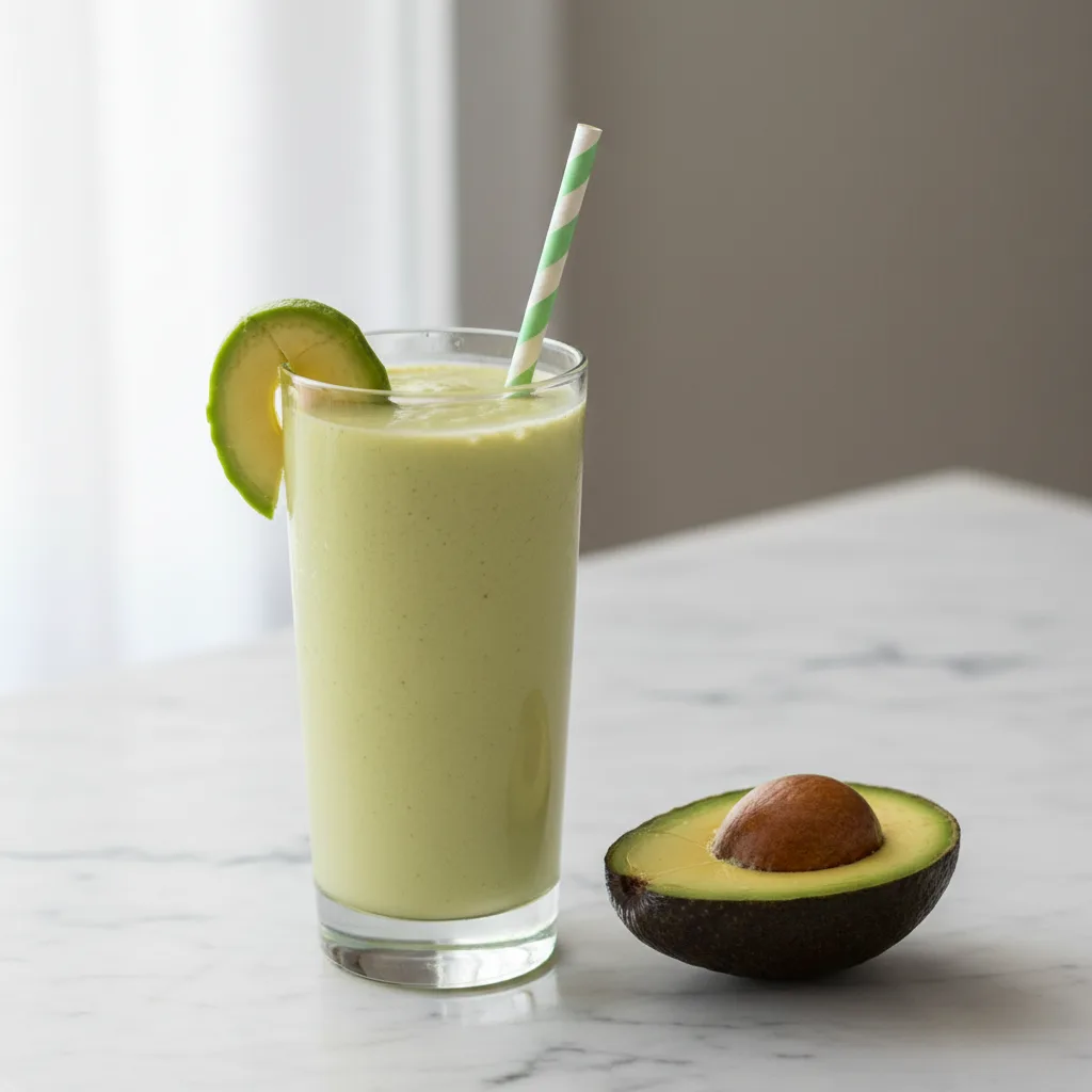 A tall glass of thick, creamy pale-green avocado smoothie with a slice of avocado on top