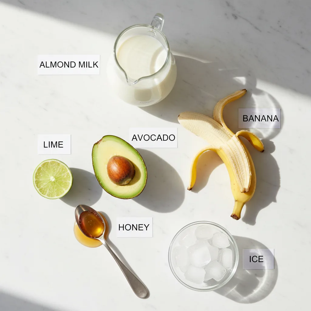 Avocado smoothie ingredients laid out and labelled — avocado, banana, almond milk, honey, lime and ice, no yogurt