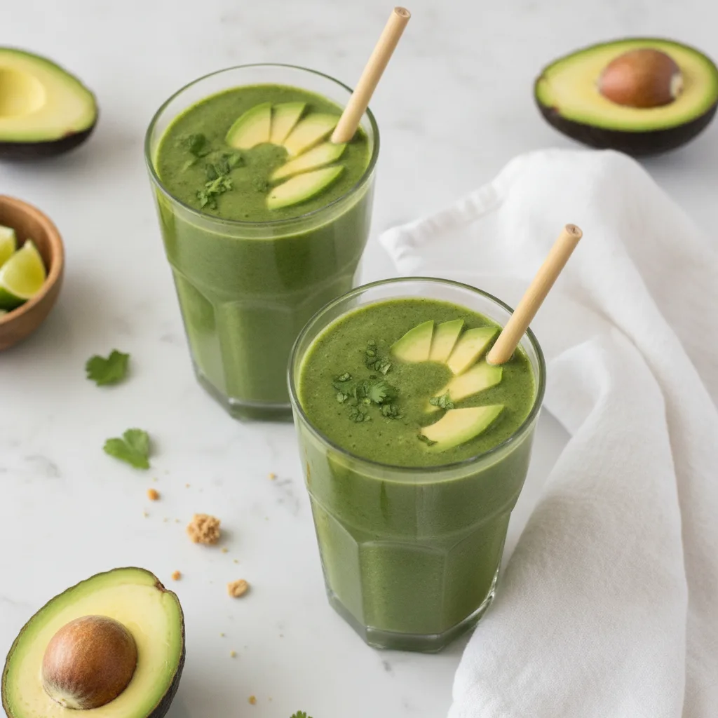 Two glasses of creamy green avocado smoothie with avocado slices
