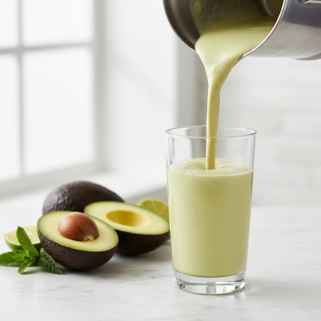 Thick pale-green avocado smoothie being poured from a blender into a tall glass