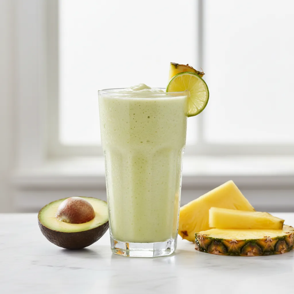A tall glass of creamy pale-green Avocolada tropical smoothie with a pineapple wedge