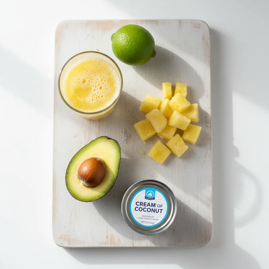 Avocolada smoothie ingredients — avocado, frozen pineapple, cream of coconut, pineapple juice and lime