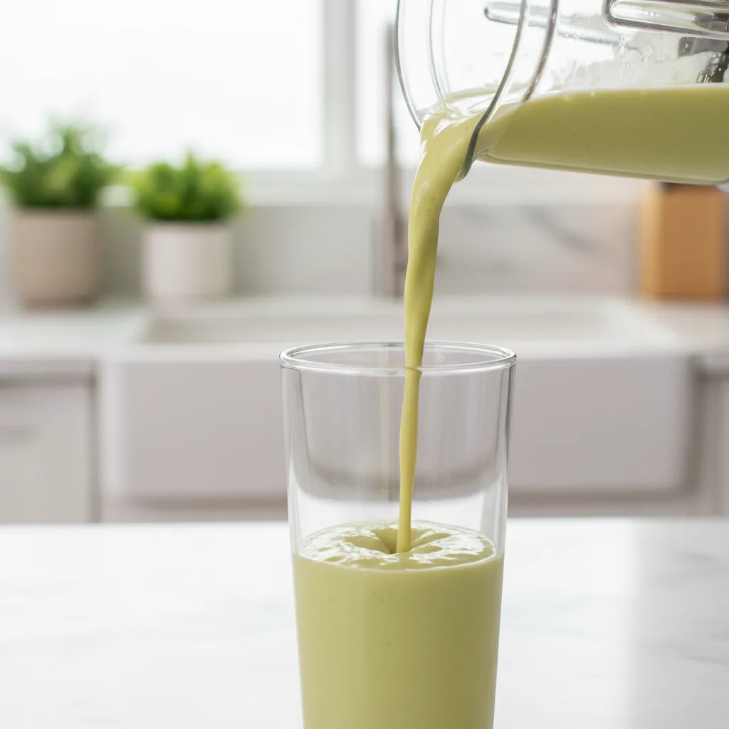 Creamy pale-green Avocolada smoothie being poured from a blender into a tall glass