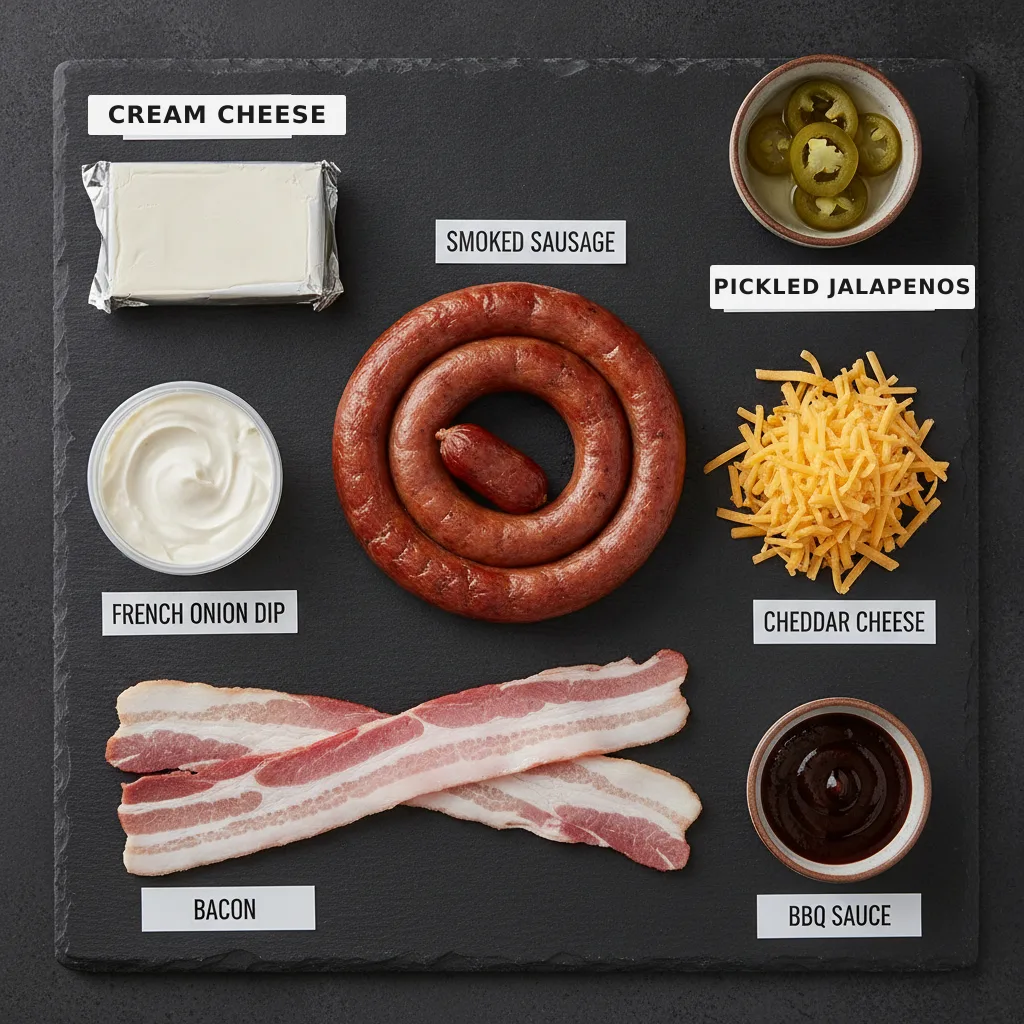 All the ingredients for bacon-wrapped sausage jalapeño poppers laid out and labelled — smoked sausage, bacon, French onion dip, cream cheese, cheddar cheese, pickled jalapeños and BBQ sauce