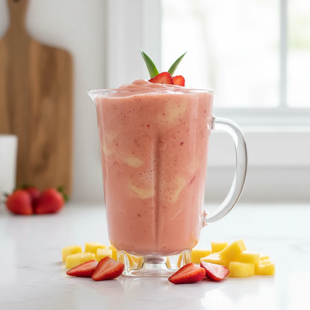 Creamy coral-pink tropical smoothie blended in a blender jug