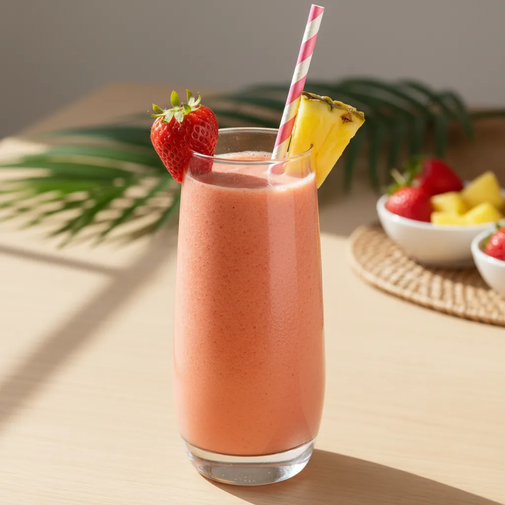 A tall glass of creamy Bahama Mama tropical smoothie garnished with strawberry and pineapple