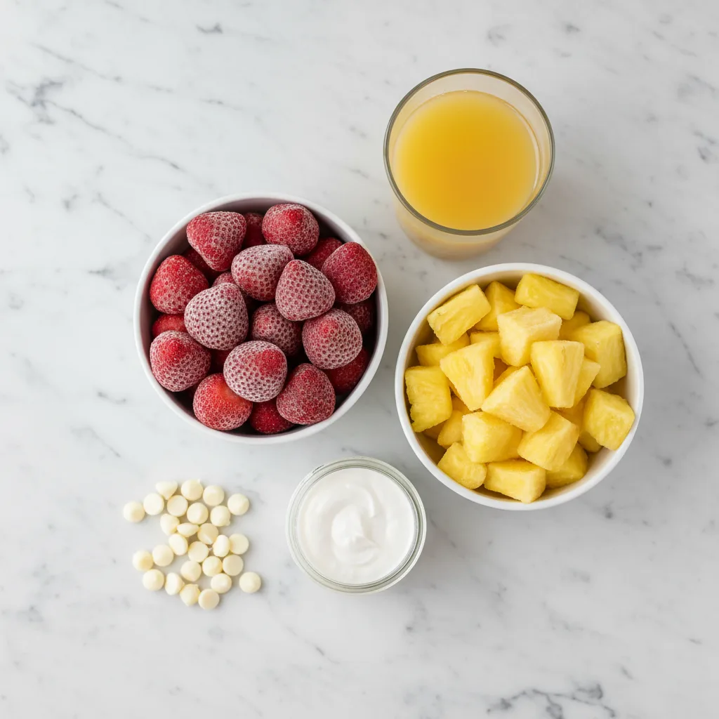 Bahama Mama smoothie ingredients — frozen strawberries, pineapple, white chocolate chips, cream of coconut and pineapple juice