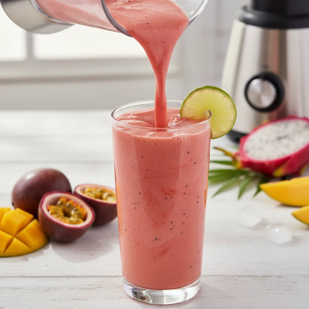 Bahama Mama tropical smoothie being poured into a tall glass