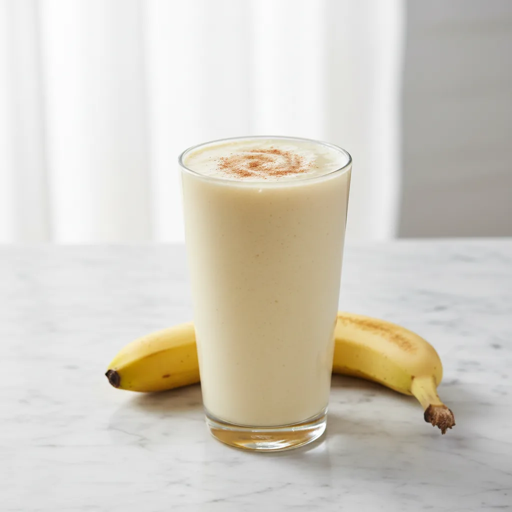 A tall glass of thick creamy banana smoothie made without yogurt