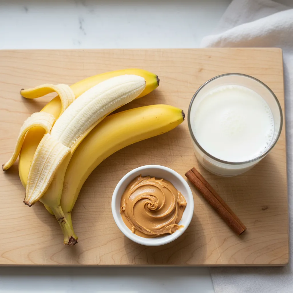 Banana smoothie ingredients — frozen bananas, milk, nut butter and cinnamon, no yogurt