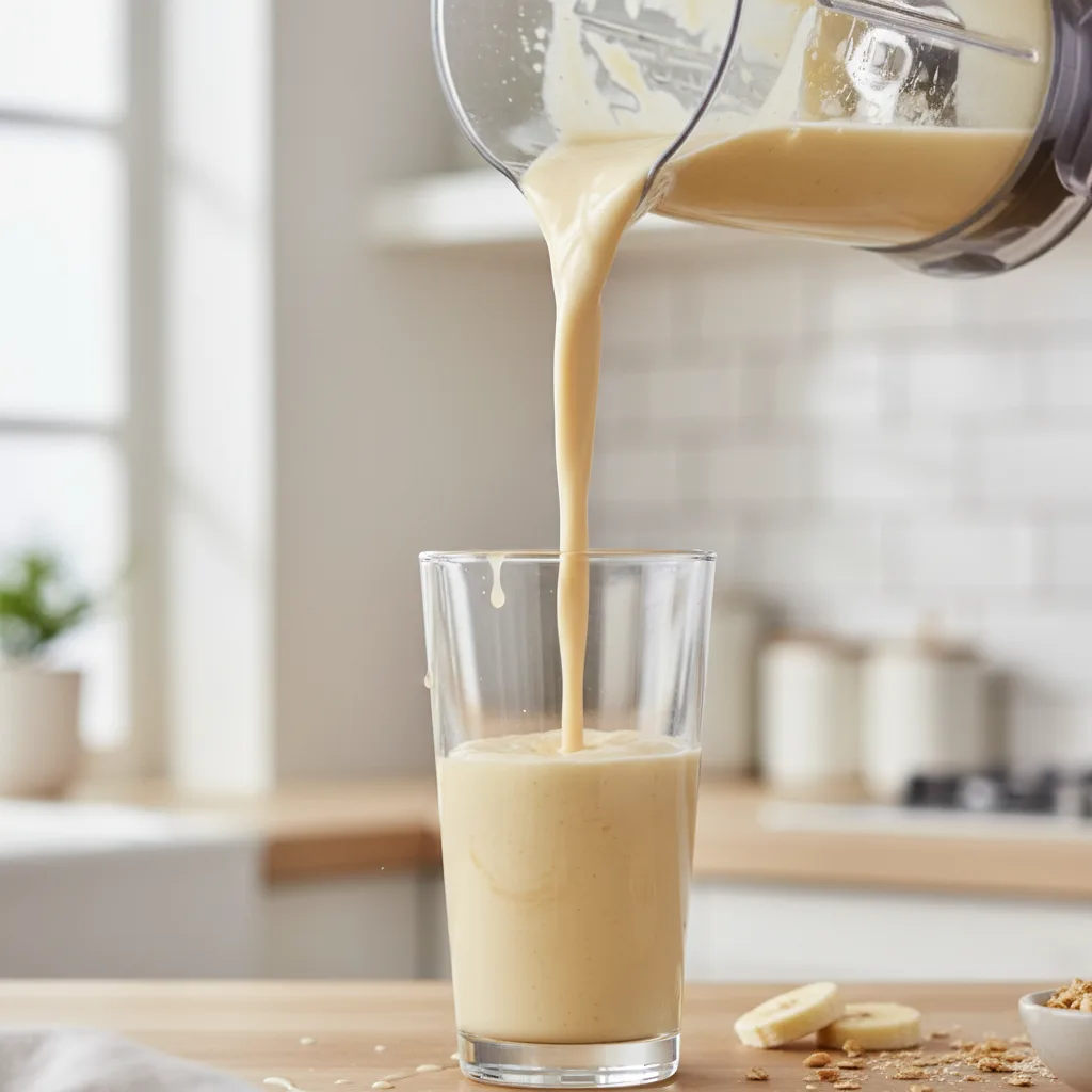 Creamy banana smoothie being poured from a blender into a glass