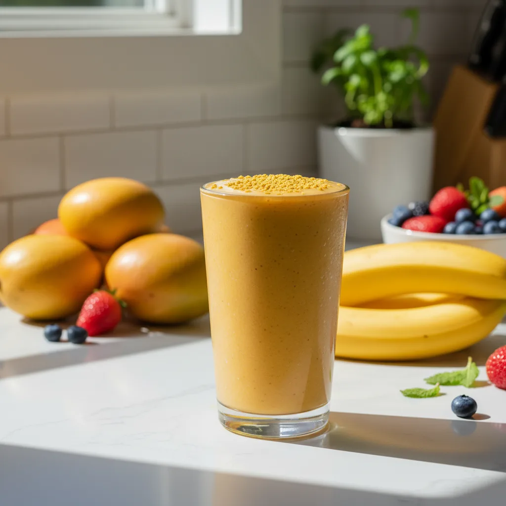 A tall glass of creamy golden bee pollen smoothie topped with bee pollen granules