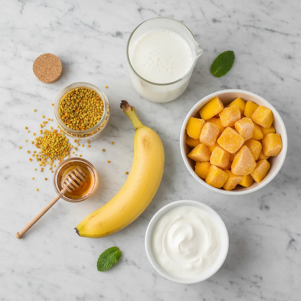 Bee pollen smoothie ingredients — banana, frozen mango, almond milk, Greek yogurt, bee pollen and honey