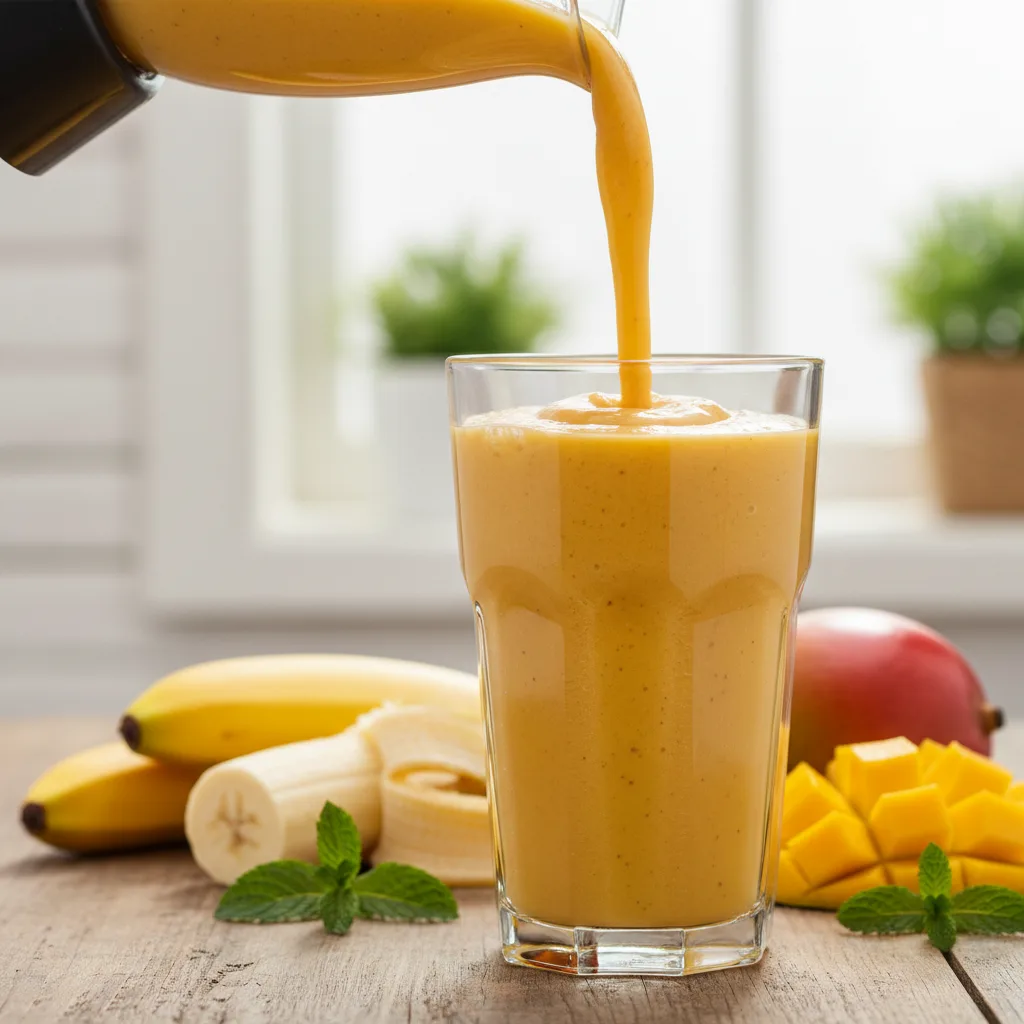 Creamy golden bee pollen smoothie being poured from a blender into a glass