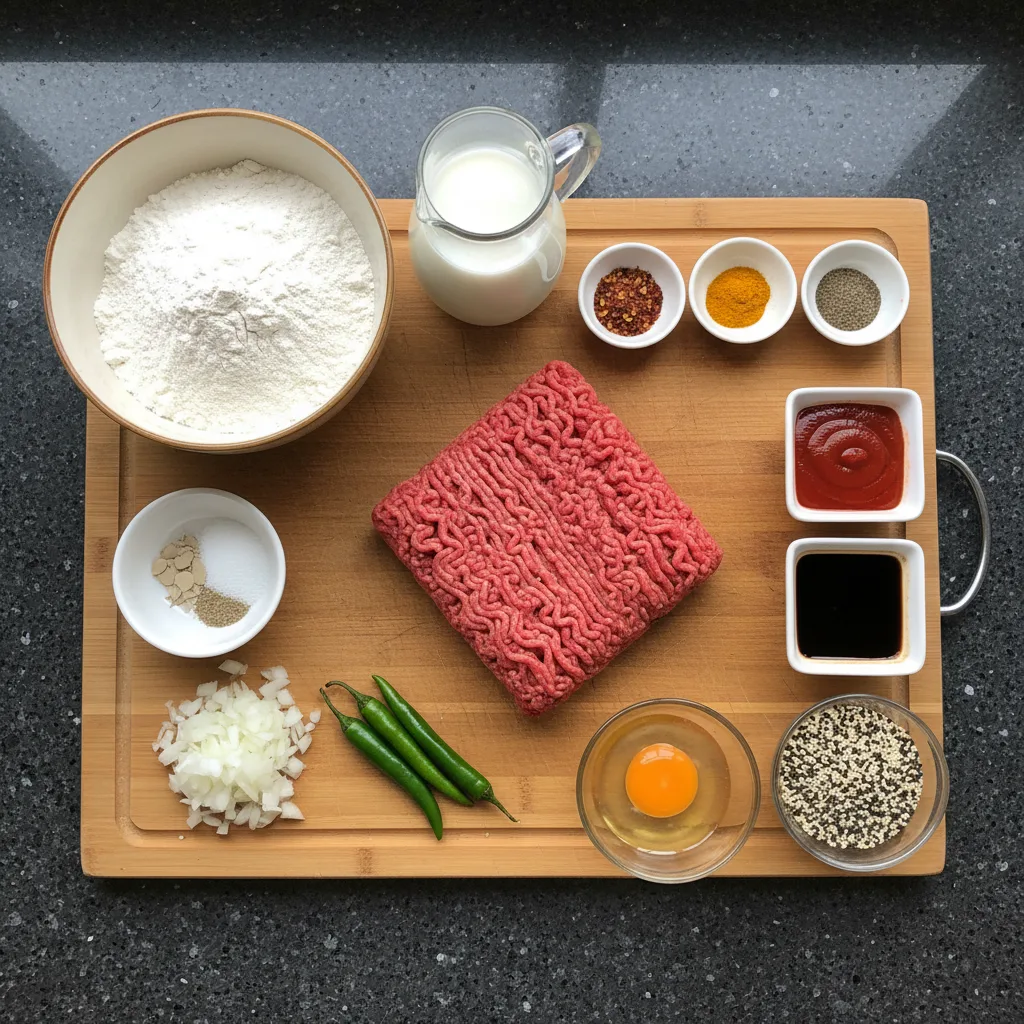 All the ingredients for beef stuffed buns — flour, milk, yeast, ground beef, onion, green chilli, spices, soy sauce, chilli sauce, egg and seeds
