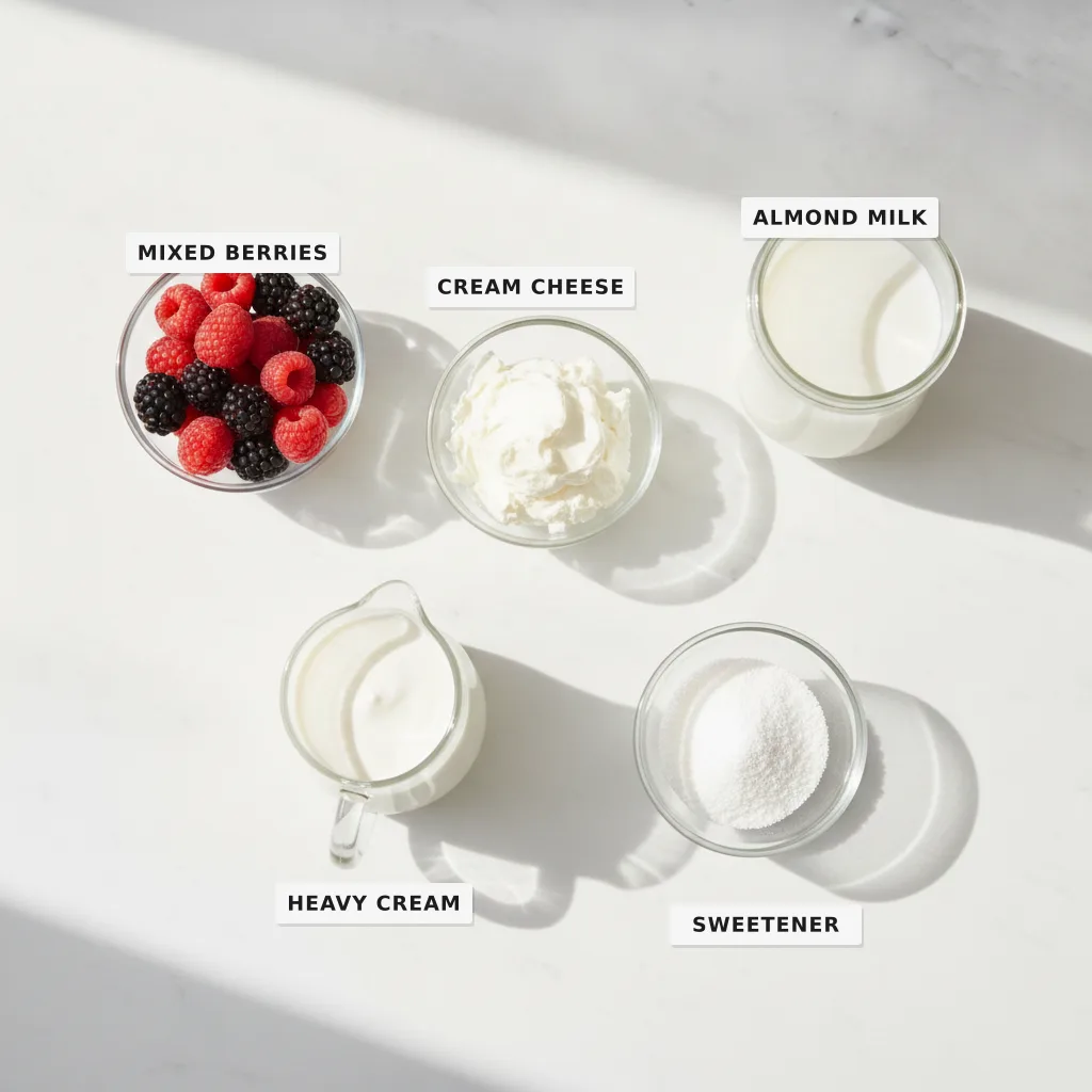 All the ingredients for a sugar-free berry cheesecake smoothie laid out and labelled on a marble surface — mixed berries, cream cheese, almond milk, heavy cream and sweetener