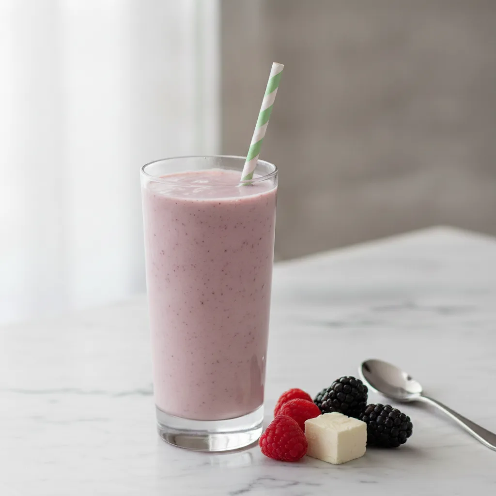 A creamy pink berry cheesecake smoothie in a tall glass beside a spoon and fresh berries on a marble surface