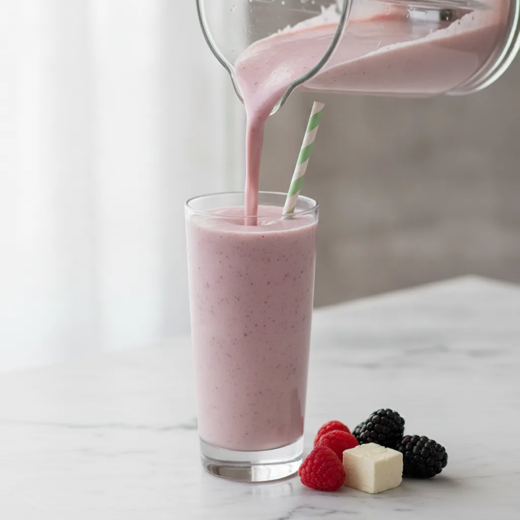 Creamy pink berry cheesecake smoothie being poured from a blender jug into a tall glass on a marble surface