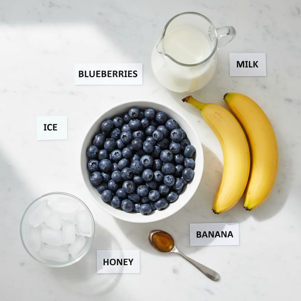 Blueberry banana smoothie ingredients laid out and labelled — blueberries, banana, milk, honey and ice, no yogurt