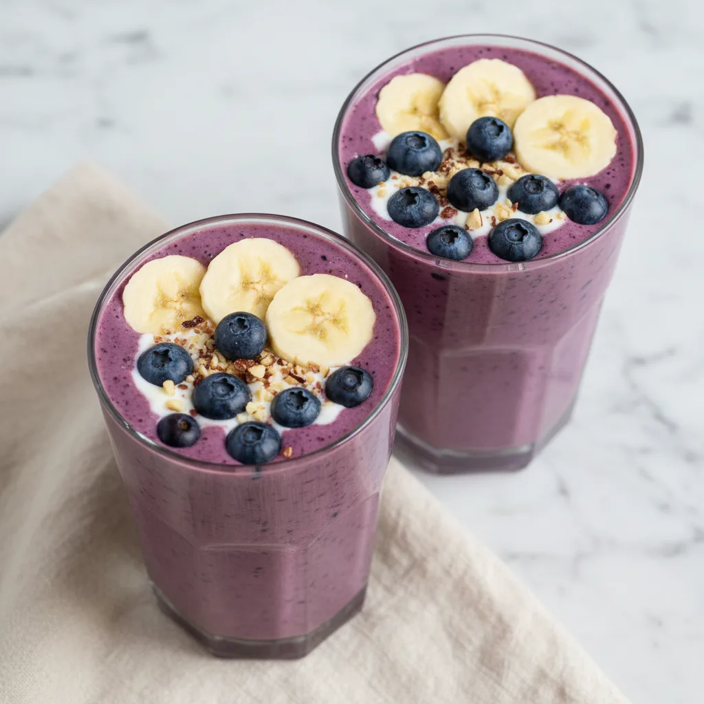 Two glasses of creamy purple blueberry banana smoothie topped with blueberries and banana slices