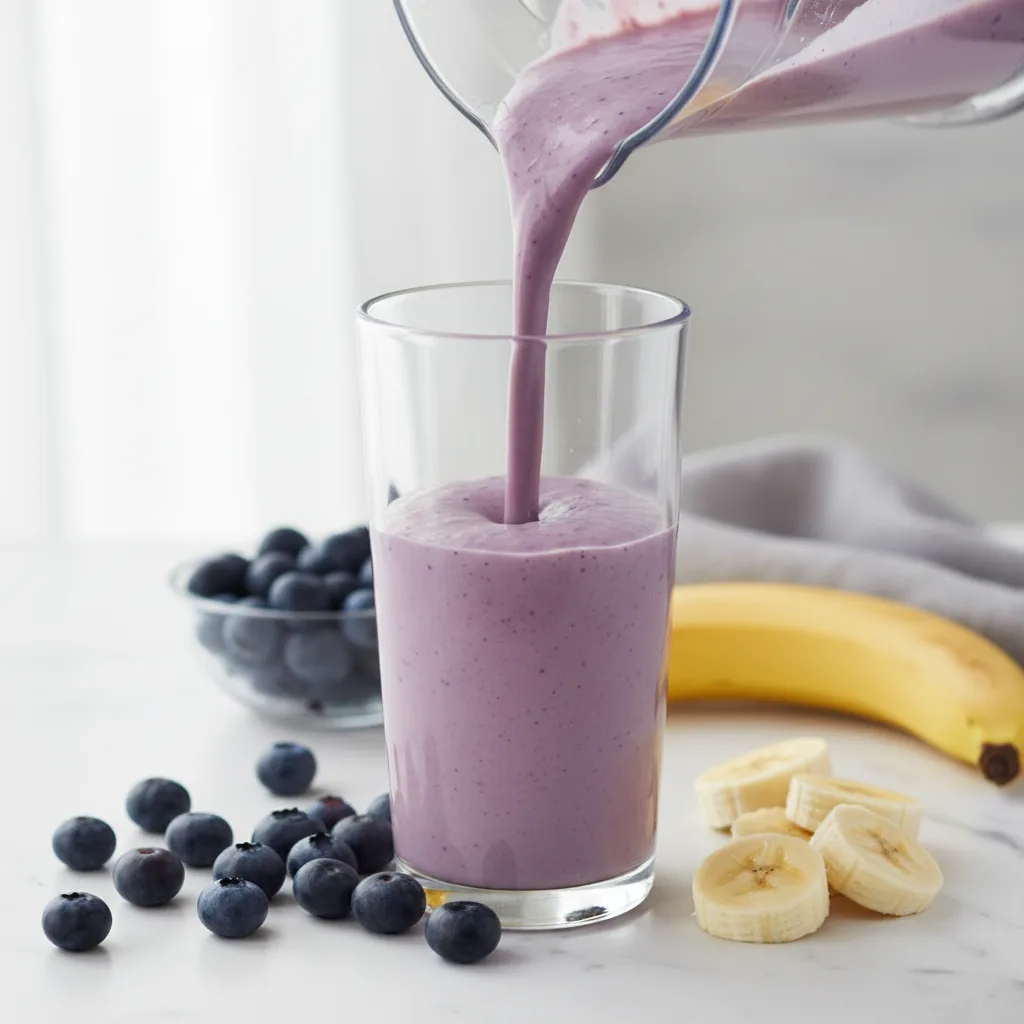 Thick purple blueberry banana smoothie being poured from a blender into a tall glass