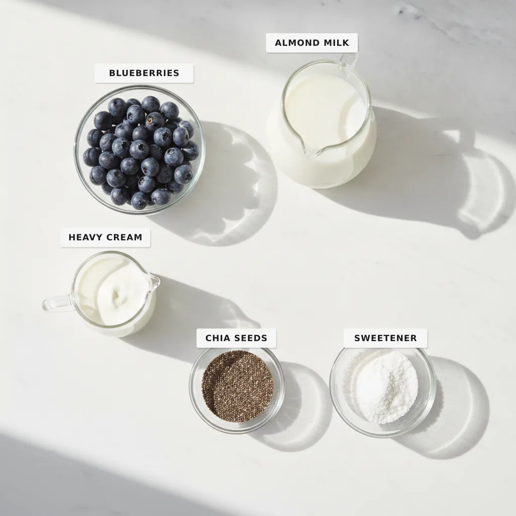 All the ingredients for a low-carb blueberry smoothie laid out and labelled on a marble surface — blueberries, almond milk, heavy cream, chia seeds and sweetener