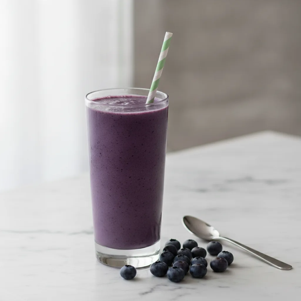 A deep purple blueberry smoothie in a tall glass beside a spoon and fresh blueberries on a marble surface