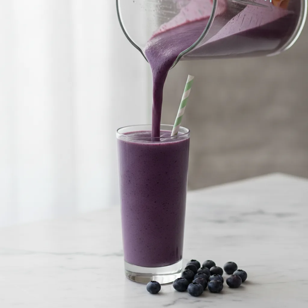 Deep purple blueberry smoothie being poured from a blender jug into a tall glass on a marble surface