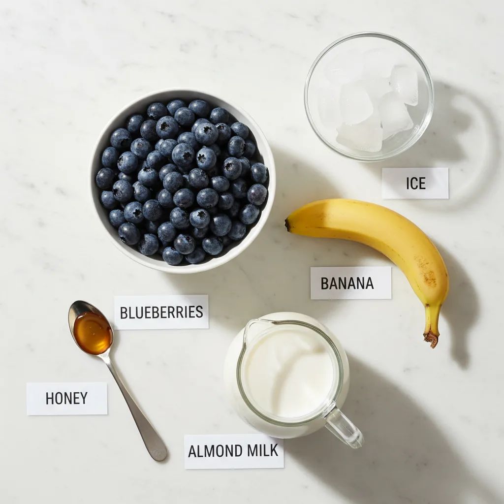 Blueberry smoothie ingredients laid out and labelled — blueberries, banana, almond milk, honey and ice, no yogurt