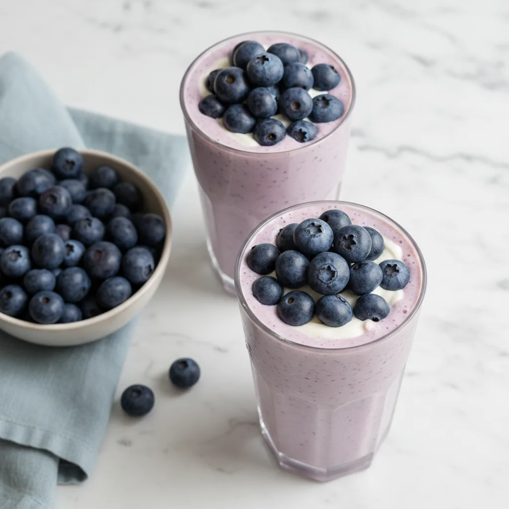 Two glasses of creamy blueberry smoothie topped with fresh blueberries