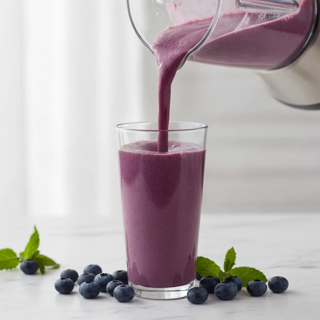 Thick purple blueberry smoothie being poured from a blender into a tall glass