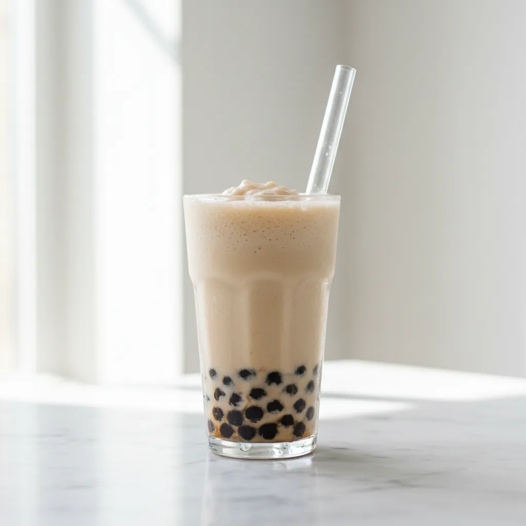 A tall glass of creamy boba smoothie with brown-sugar tapioca pearls and a wide straw