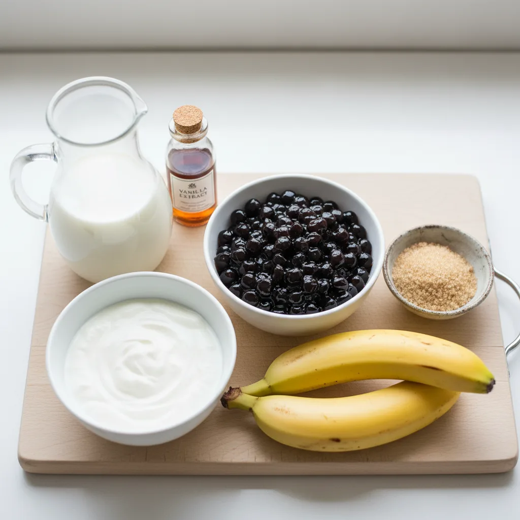 Boba smoothie ingredients — tapioca pearls, brown sugar, frozen bananas, milk, yogurt and vanilla