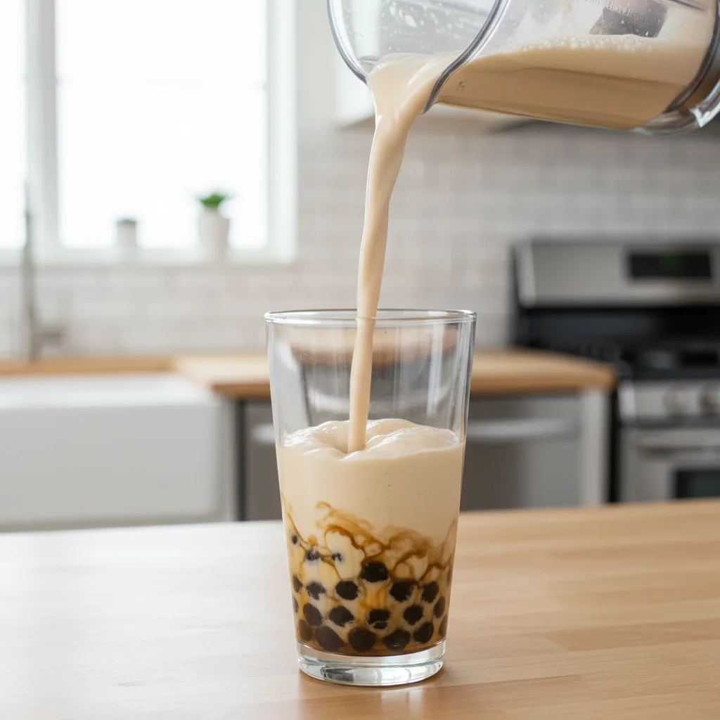 Creamy boba smoothie being poured from a blender over brown-sugar tapioca pearls in a glass