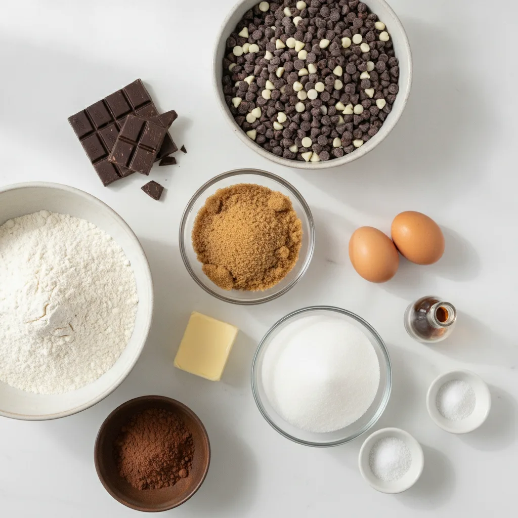 All the ingredients for brookie muffins — butter, brown and white sugar, eggs, vanilla, flour, cocoa, dark chocolate, chocolate chips and raising agents
