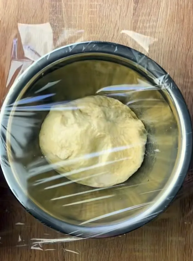 The kneaded dough resting in a covered bowl to rise