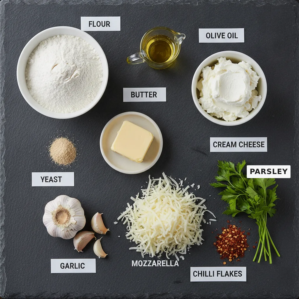 All the ingredients for cheesy garlic bread laid out and labelled — flour, yeast, garlic, olive oil, butter, cream cheese, mozzarella, parsley and chilli flakes